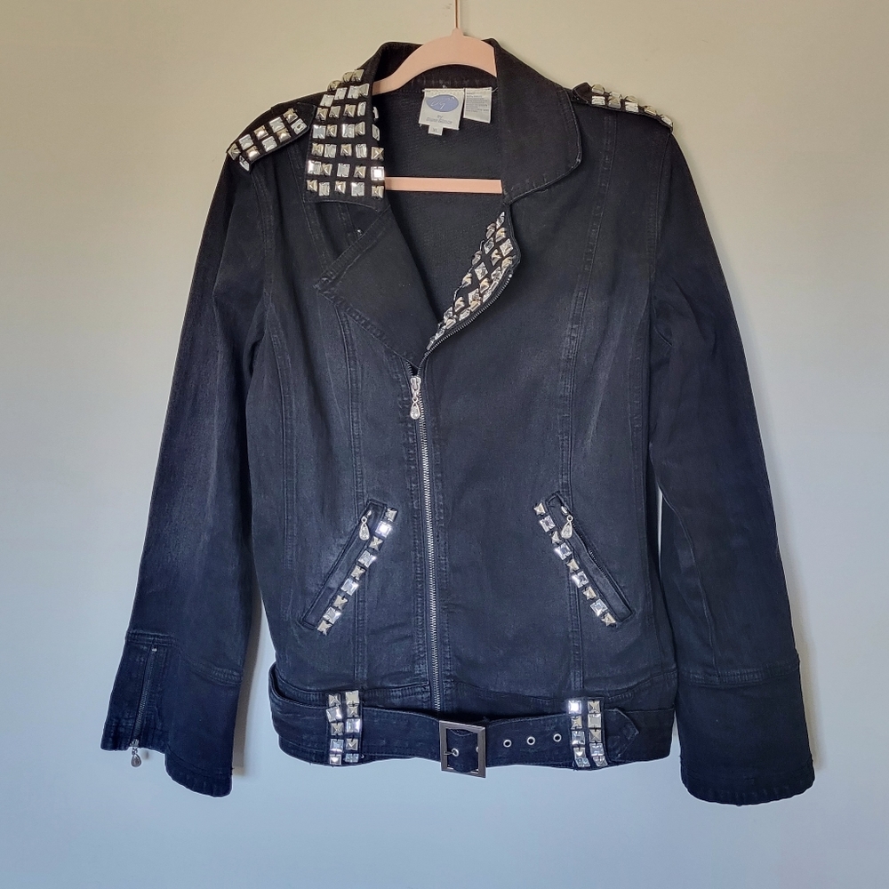 DG2 by Diane Gilman Studded Denim Moto Jacket